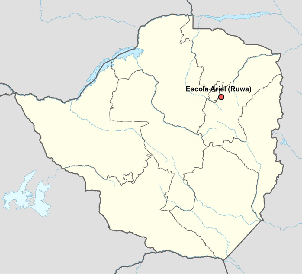 Map of Zimbabwe with a red dot near Ruwa, southeast of Harare
