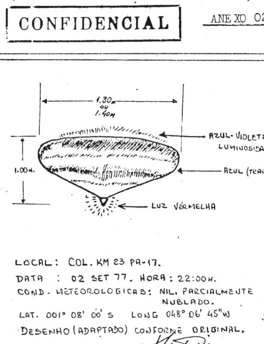 Technical drawing of an object shaped like an upside-down plate, 1.30 m to 1.40 m wide, with a red light at the bottom tip, and the record's data