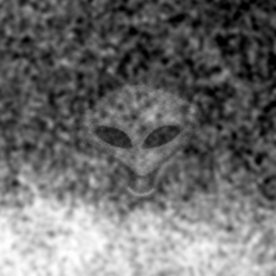 Grayscale illustration: an alien head with large slanted eyes and the collar line below the neck, where the marking is, above the wall