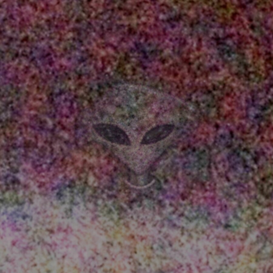 Color illustration: the head of a gray alien with large slanted eyes, no mouth or nose, faint in the grain of the photo, where the marking is